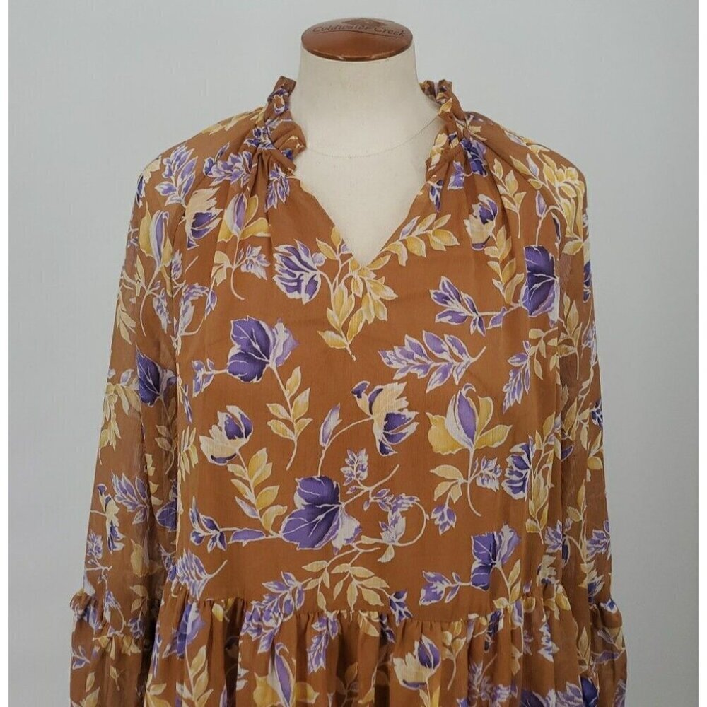 Altar'd State Dress Womens S Brown Floral Tiered Peasant Sleeve Mini Boho Puff - Picture 3 of 10